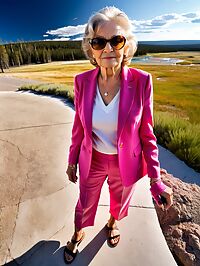 Grandmother in a pink suit stands confidently amidst nature at Yellowstone twilight