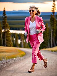 Grandmother in a pink suit stands confidently amidst nature at Yellowstone twilight