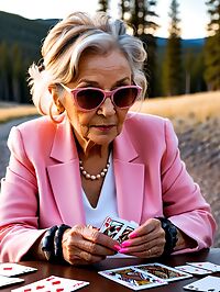 Grandmother in a pink suit stands confidently amidst nature at Yellowstone twilight