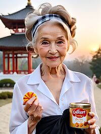 Elderly grandmother 85 stands outside a pagoda at twilight