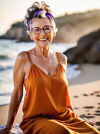 An elderly woman with a mohawk and wrinkled skin poses on the beach during golden hour