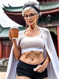 An elderly woman with a frail build poses in a pagoda at noon