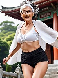 An elderly woman with a frail build poses in a pagoda at noon