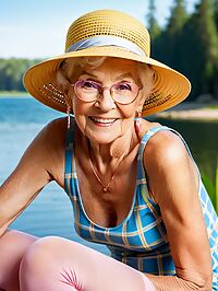 Elderly woman with mohawk dons pink pantyhose at serene lake dawn scene