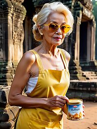 An elderly platinum blonde woman in a yellow apron stands at dusk near Angkor Wat