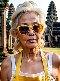 An elderly platinum blonde woman in a yellow apron stands at dusk near Angkor Wat