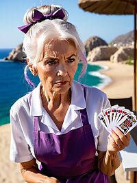 Elderly grandmother poses outdoors in Cabo San Lucas under the scorching Mexican sun