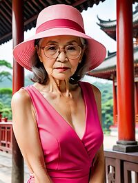 An elderly grandmother with wrinkled skin poses in outdoor pagoda at sunset