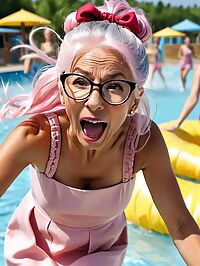 An elderly woman poses at a sunny outdoor waterpark in a pink dress