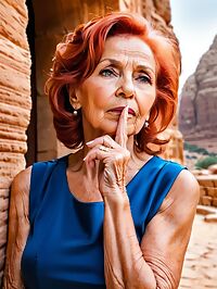 An elderly woman in a blue dress stands confidently amidst ancient Petra ruins at sunset