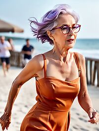 Grandmother sits at beach bar in twilight orange dress exposing wrinkled skin