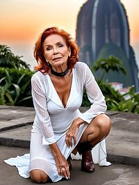 Elderly red haired woman poses seductively on stairs of Christ the Redeemer in twilight