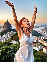 Elderly red haired woman poses seductively on stairs of Christ the Redeemer in twilight