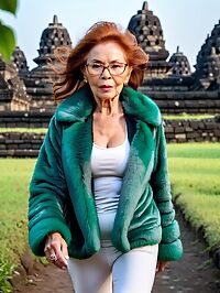 Older woman in green fur coat yoga pants outside Borobudur Indonesia pre dawn hours