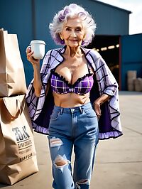 An elderly grandmother in plaid bra poses outside a fun filled warehouse