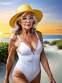 A toned elderly grandmother lounges in her beachwear at twilight