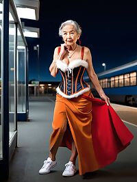 Aged grandmother stands tall in the dimly lit bus station
