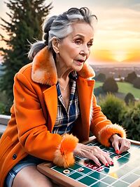 An old woman with grey eyes poses outside an observatory at sunrise