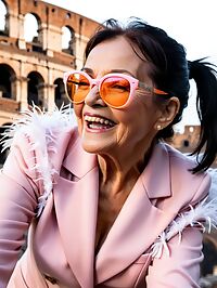 Elderly woman in pink suit poses at the Colosseum under twilight's dimming glow