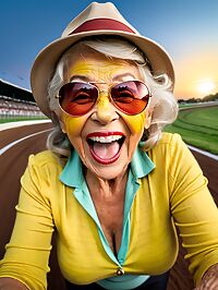 Elderly model wears yellow bodypaint at twilight racetrack photoshoot