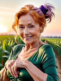 An elderly woman with ginger blonde hair stands in a sunset lit cornfield